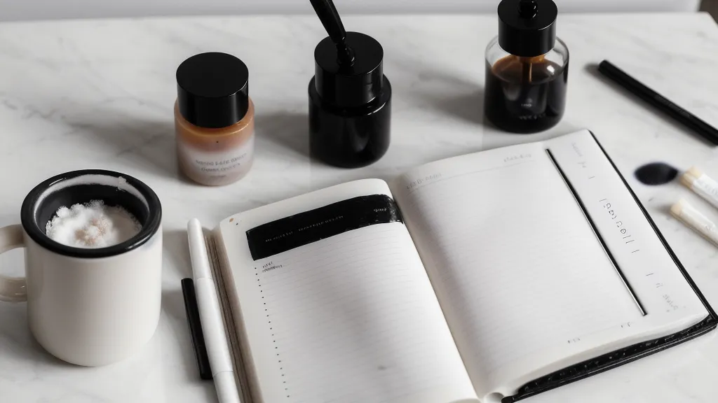 Cuaderno de skincare en casa con notas sobre preparación de la piel y café de filtro