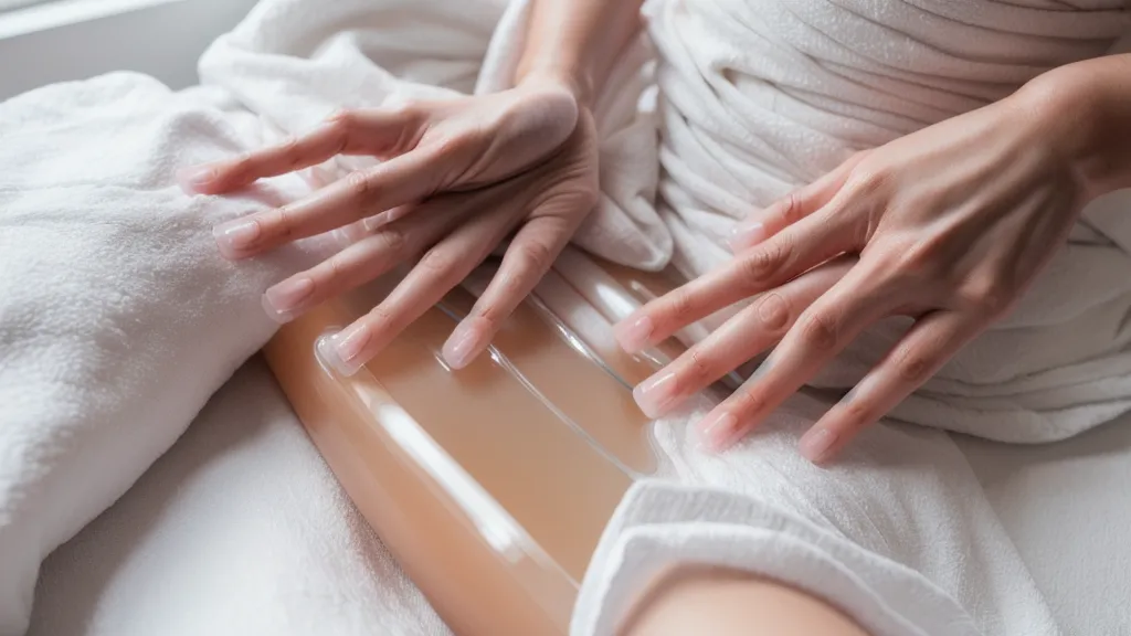 Manos aplicando gel conductor en la pierna para usar aparatología estética en casa