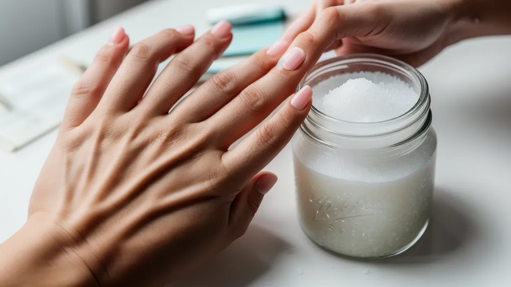 Primer plano de exfoliante corporal granulado en un frasco de vidrio sobre una mesa.