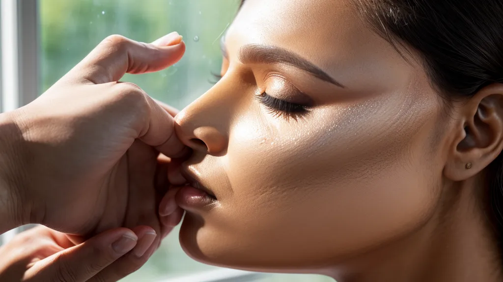 Mano tocando la piel del pómulo después de un masaje facial con calor, técnica brasileña de rejuvenecimiento