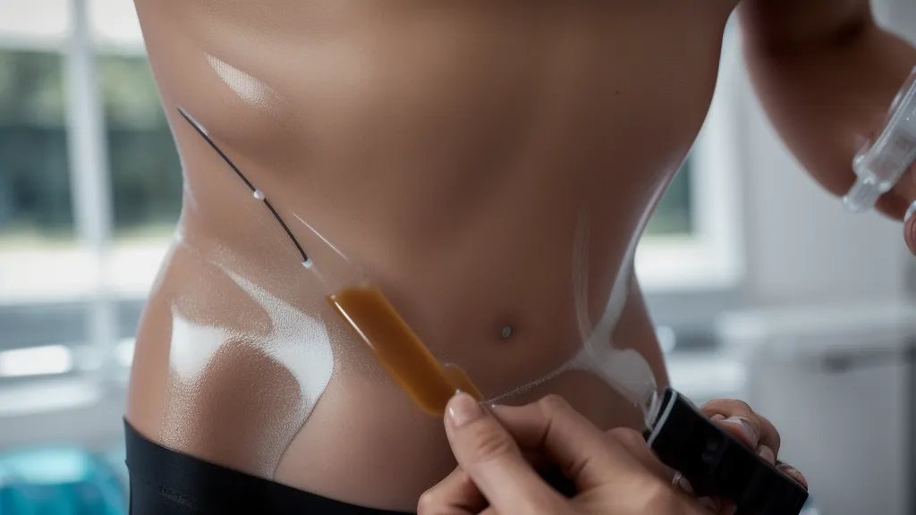 Manos aplicando gel conductor en el abdomen durante una sesión de cavitación en casa