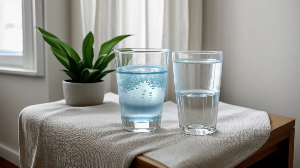Vaso de agua junto al equipo de cavitación en casa como parte de la rutina de cuidado corporal